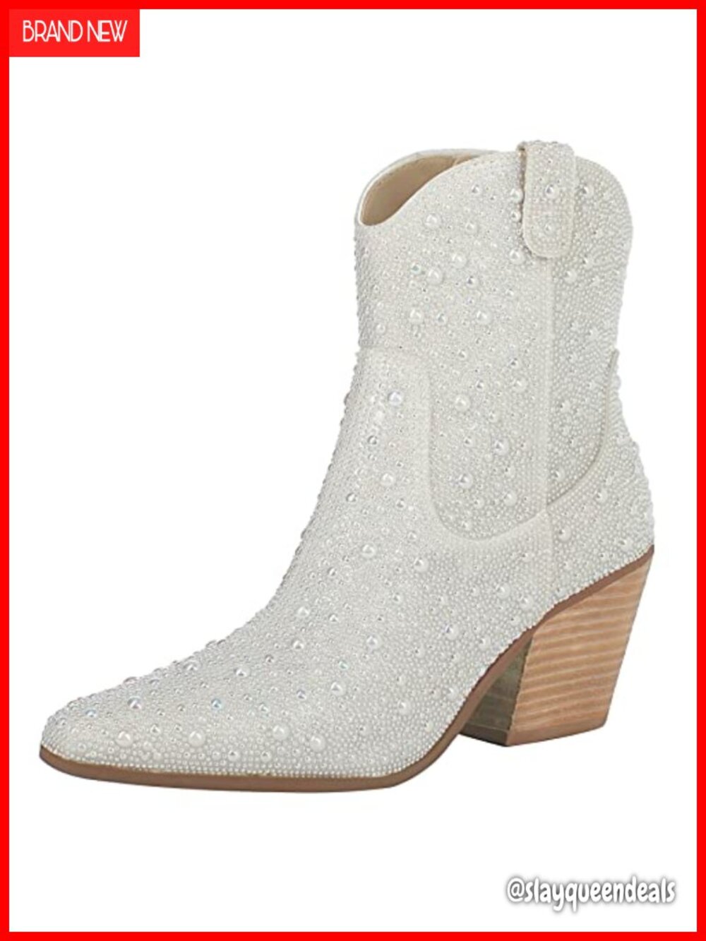 Pearl Rhinestone Cowboy Ankle Boots Chunky Heel Sparkly Bootie for Wedding